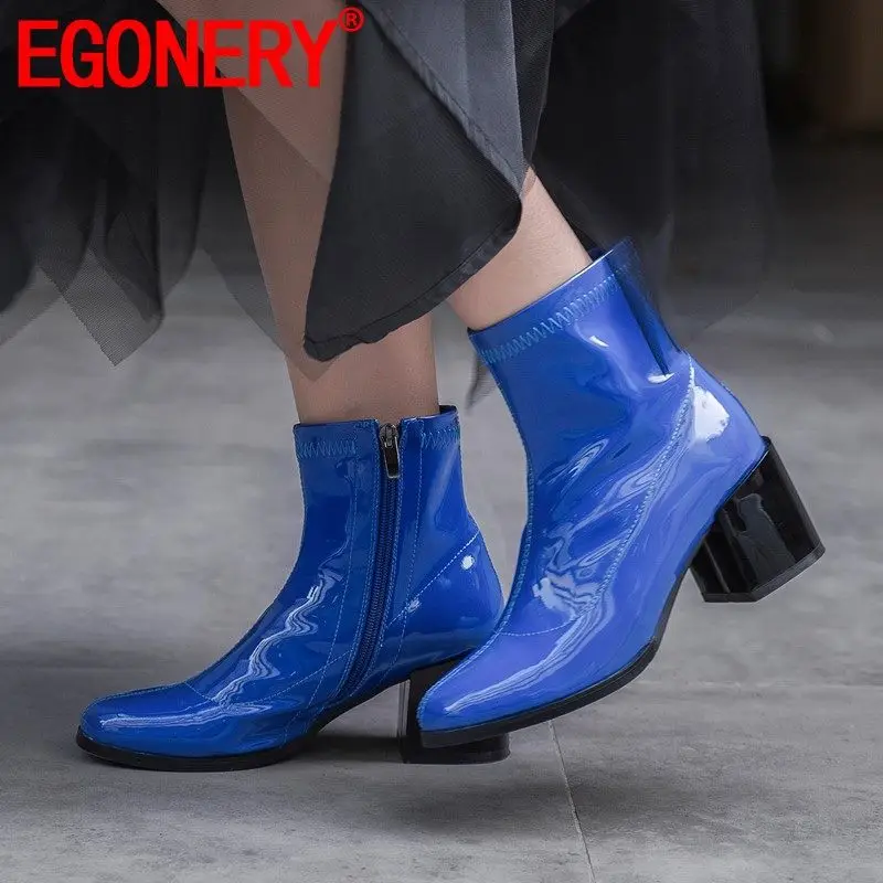 

EGONERY winter ankle boots Punk rock cool girl Sheepskin insole leather Blue purple 6.5cm high heels wedding women's shoes