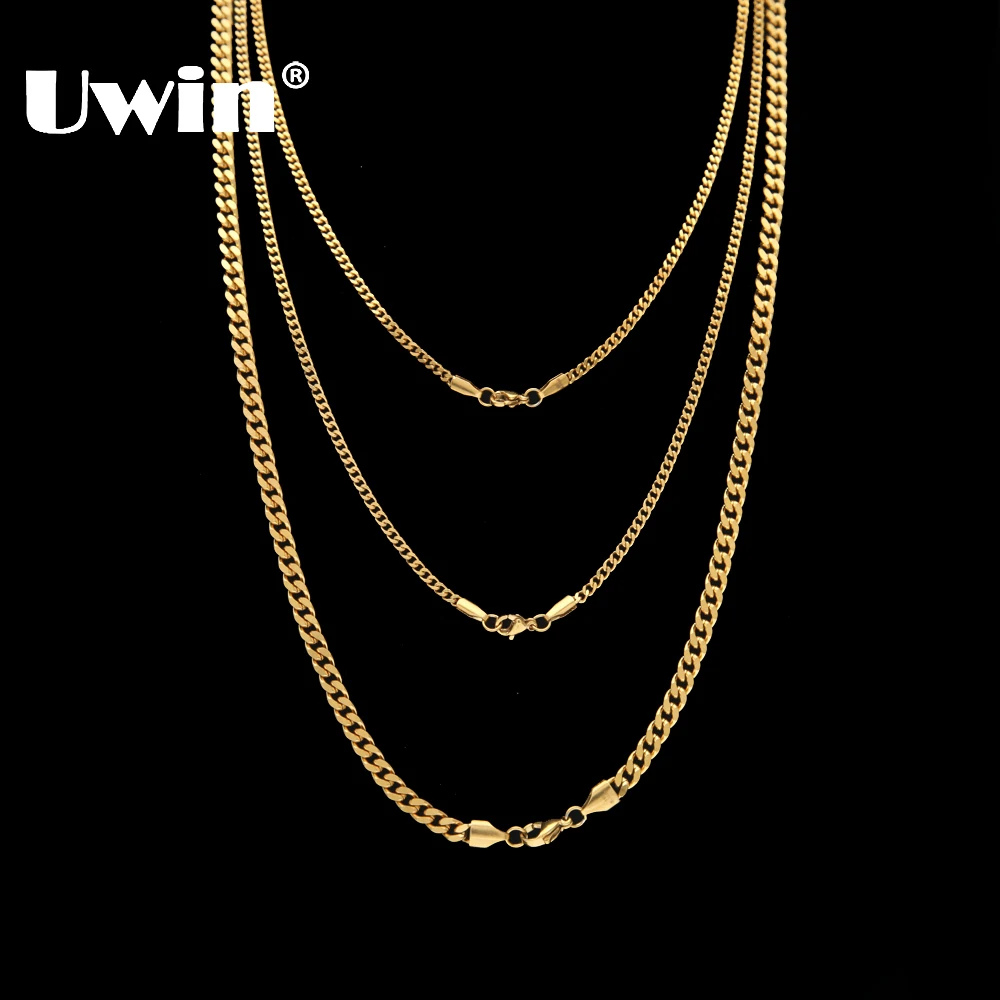

Uwin Top Quality Stainless Steel Necklace Cuban Link Chain Gold&Steel 3mm&5mm Hiphop Fashion Jewelry Wholesale