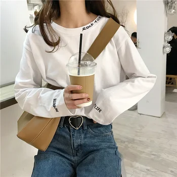 

Korean Leisure Long Sleeve T-shirts Women O-Neck Letter embroidery Loose Simple All-match t shirt female Ulzzang white Tees tops