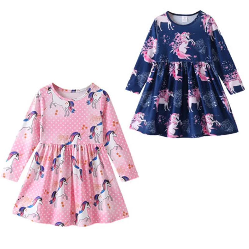 

1-6Year's Children's Long Sleeve Dresses Cute Kid Baby Girl Cartoon Unicorn Autumn Dress Floral Printed Party Pageant Tutu Dress
