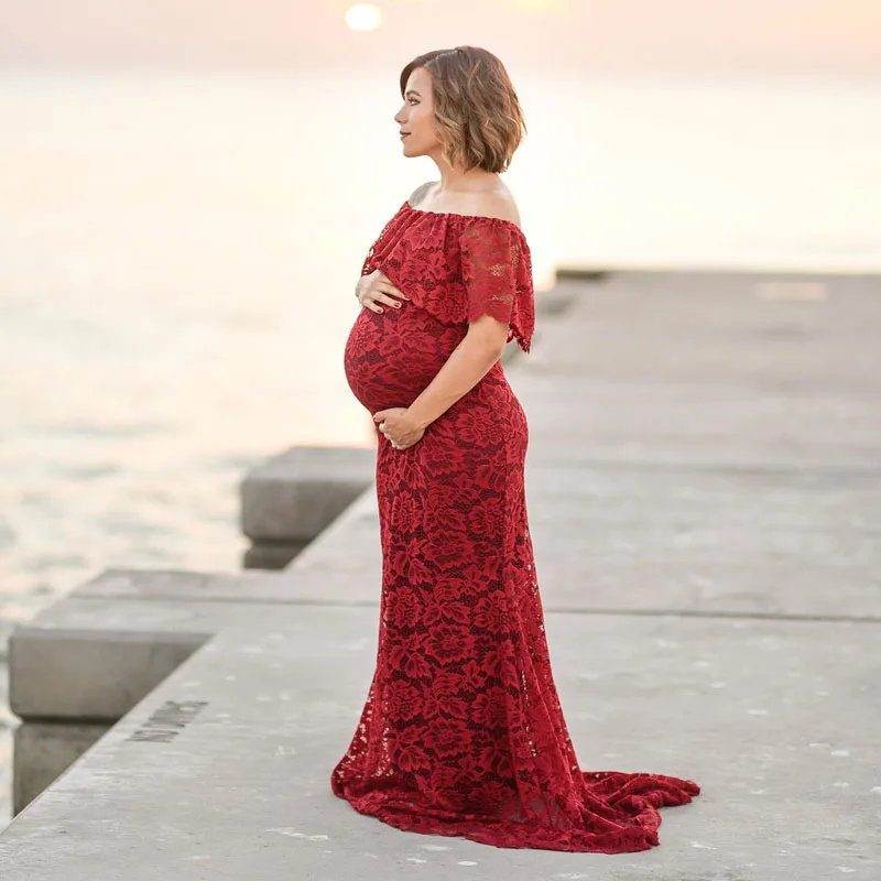 

Maternity Photography Props Clothes For Pregnant Women Lace Shoulderless Tailed Maternity Dress For Photo Shoot Pregnancy Dress