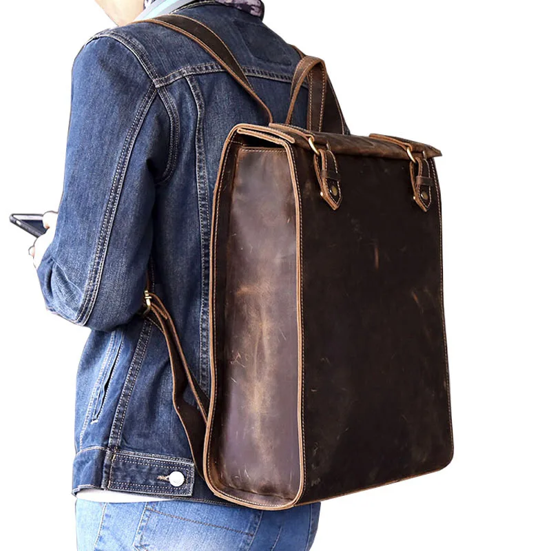 

BOLEKE Crazy Horse Cowhide First Layer Knapsack Male Computer Bag School Bags Vintage Genuine Leather Rucksack Backpack