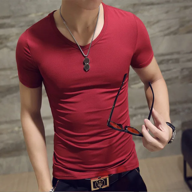 

T-T142 Summer Solid Color Cotton Mens Running Solid Color Slim Men T Shirt V-Neck Funny Top Tees