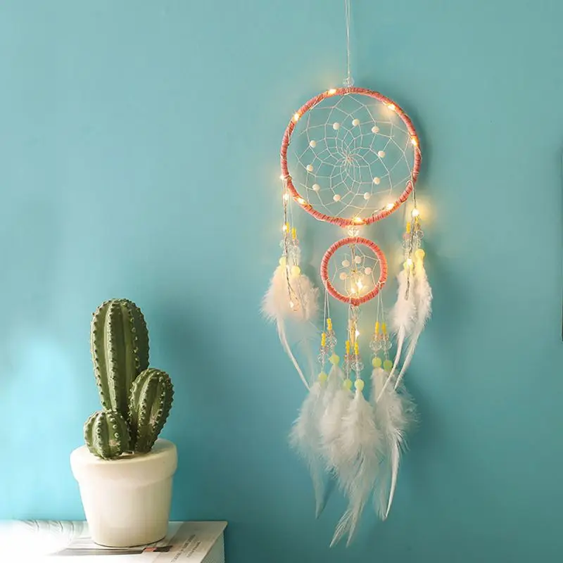 2m 20 LED Lighting Girl Room Bell Feather Beads Bedroom Romantic Dream Catcher Wall Hanging Car Home Decor - Цвет: A
