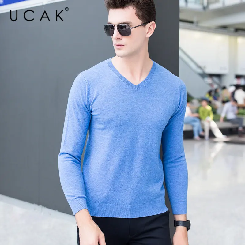 Light Blue UCAK Brand Sweater Men Classic Casual V-Neck Pull Homme Pure Merino Wool Pullover Men Autumn Winter Soft Cashmere Sweaters U3005 - Color: Light Blue