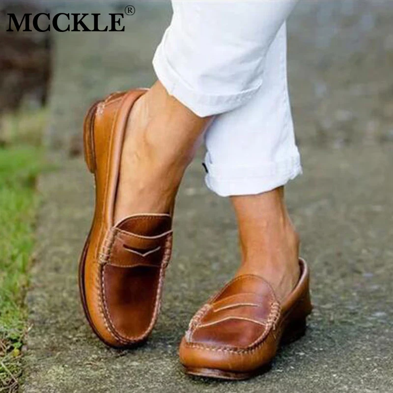

MCCKLE Women Retro Loafers Plus Size Sewing Slip On Flat Shoes Female Single Shoes Platform High Quality PU Classic Ladies