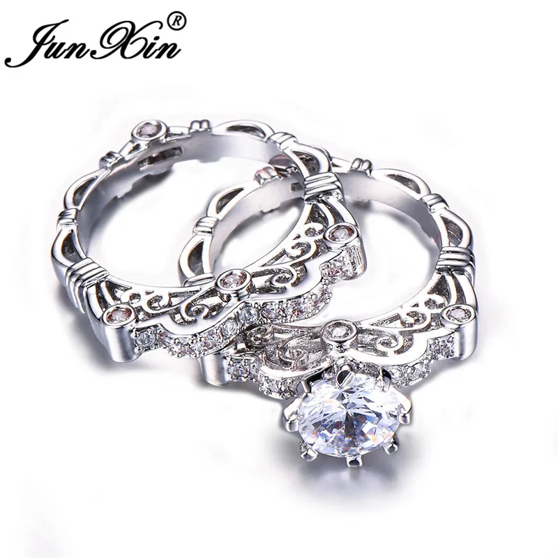 JUNXIN Boho Female Crystal Ring Set 925 Sterling Silver Filled Round White Zircon Engagement Couple Rings For Women Jewelry CZ