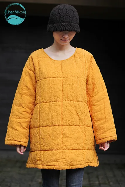 Cheap LinenAll women's super 100% linen yellow straight loose o-neck pullover thermal wadded jacket cotton-padded jacket female yijiu 
