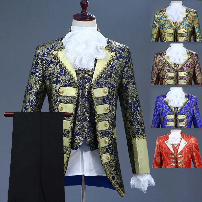 

New Suits Men Clothes Long Sleeve Stage Mens Performance Suit Straight Designs Court Costumes Three Piece Set Coat Pants Vest XS
