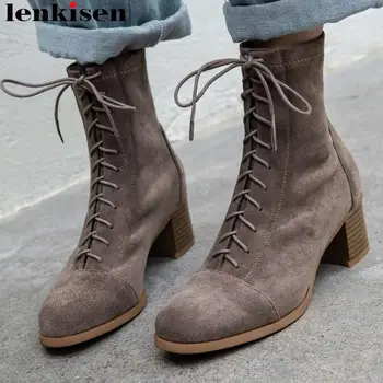 

Lenkisen European British style vintage round toe chunky heel lace up flock bowtie ankle boots warmful autumn winter boots L86