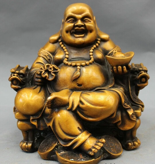 

shitou 002731 Chinese Bronze FengShui Folk Dragon Money Fu Happy Laugh Maitreya Buddha Statue