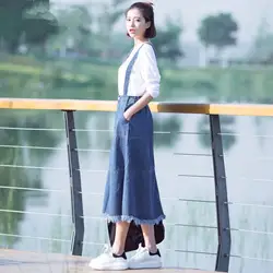Корейский осень Для женщин Длинная юбка джинсовые юбка элегантный дизайн Высокая талия краткое ремень Миди-юбки Для женщин s