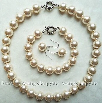

12mm White South Sea Shell Pearl Necklace bracelet Earrings Set Grade AAA style>jewelry Quartz Crystal Women Wedding