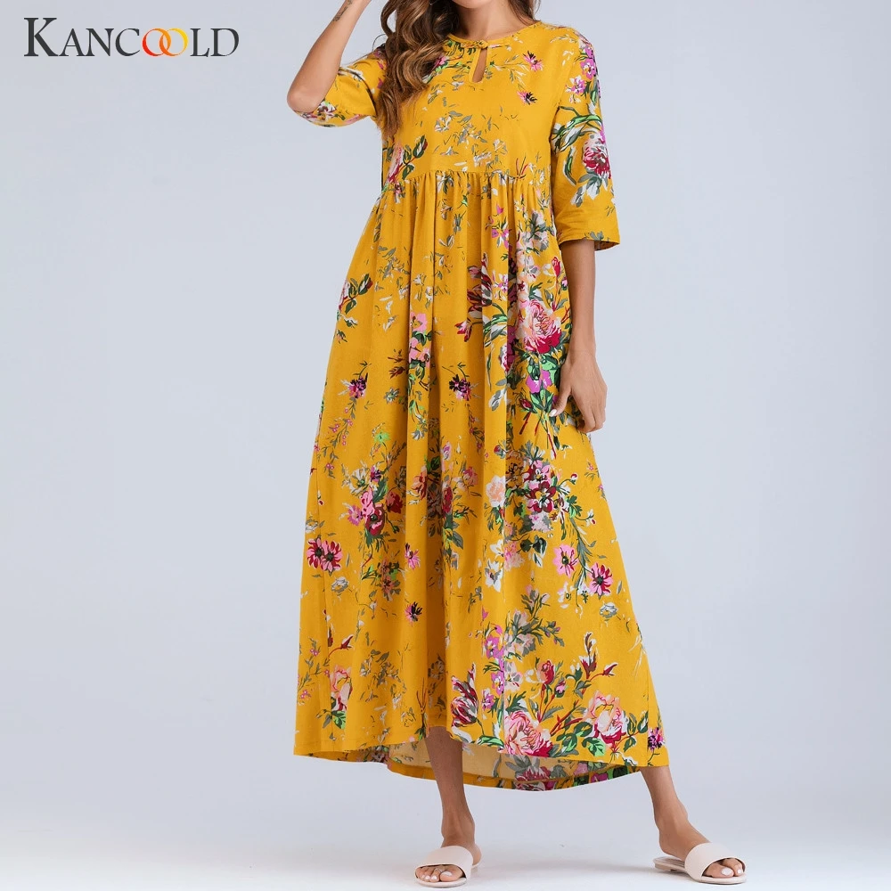 

KANCOOLD Dress Women Half Sleeve Ruched Casual Thin Floral Long Dress Cotton Loose Bohe Kaftan fashion new Dress women 2019JAN29