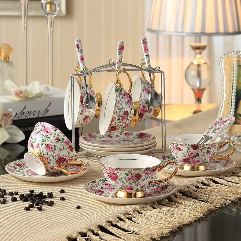 Романтический цветочный костяной фарфор, чайная чашка, блюдце, ложка, набор, 200 мл, Высококачественная фарфоровая кофейная чашка, британская послеобеденная чайная чашка, Прямая поставка