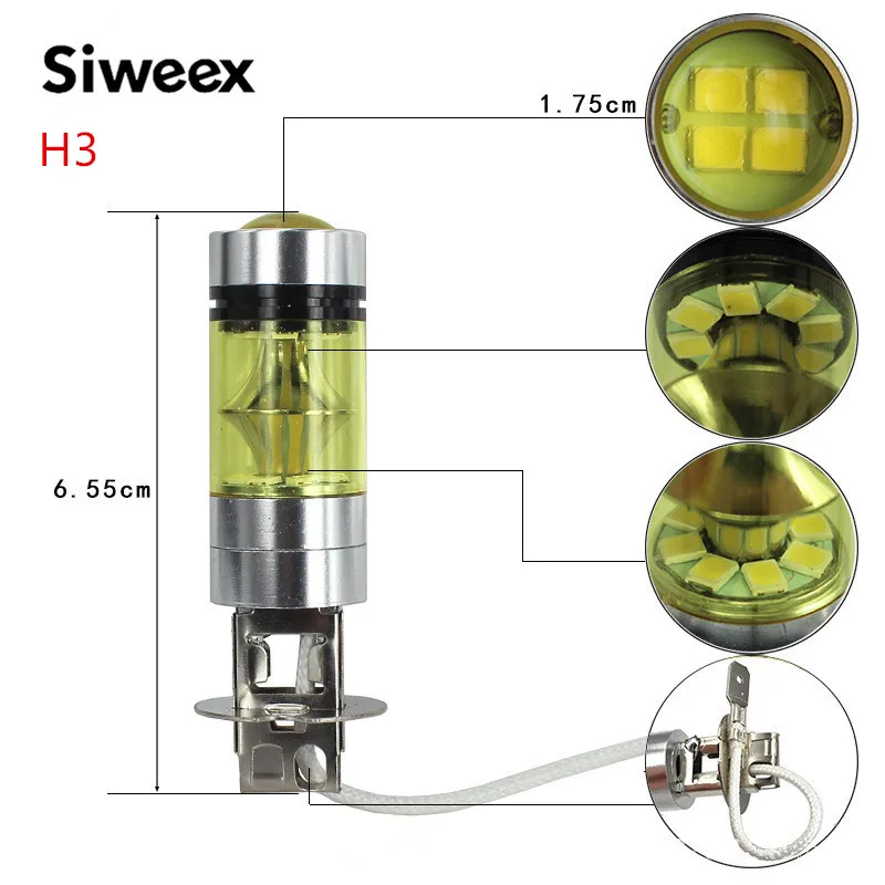 2 шт. 100 Вт H1 H3 H4 H7 H8 H13 H16 20 SMD высокомощный супер яркий золотой светодиодный