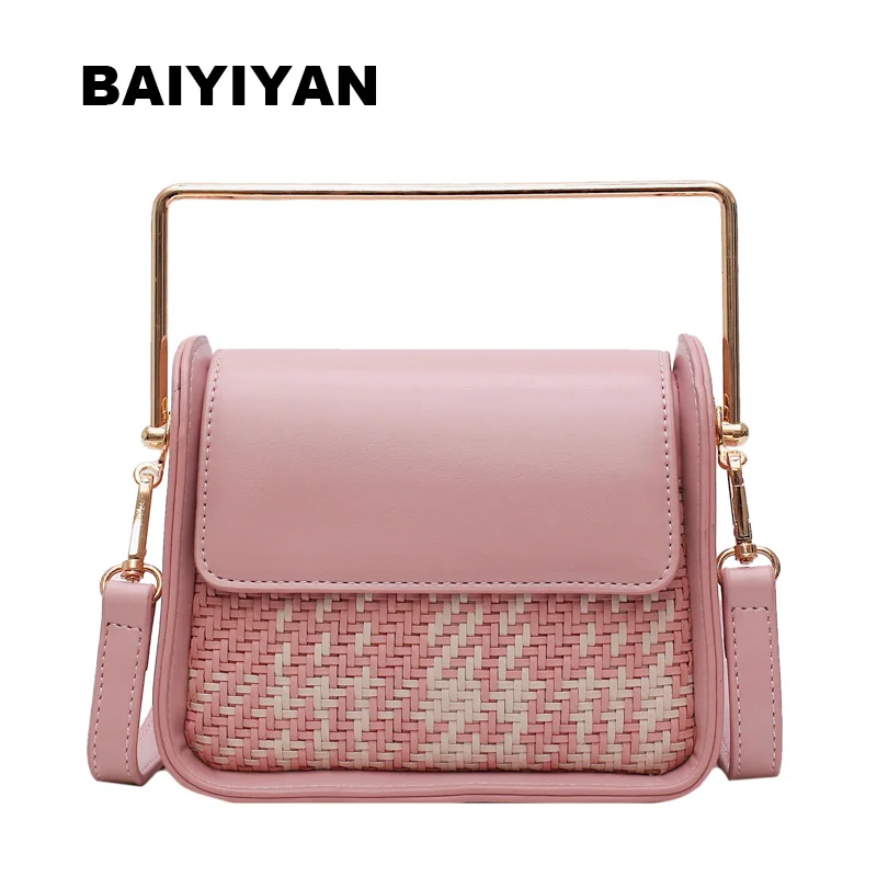 

Fashion Women Beach Woven Shoulder Bag Personalized Metal Top Handle Handbag Ladies Shopping Bag
