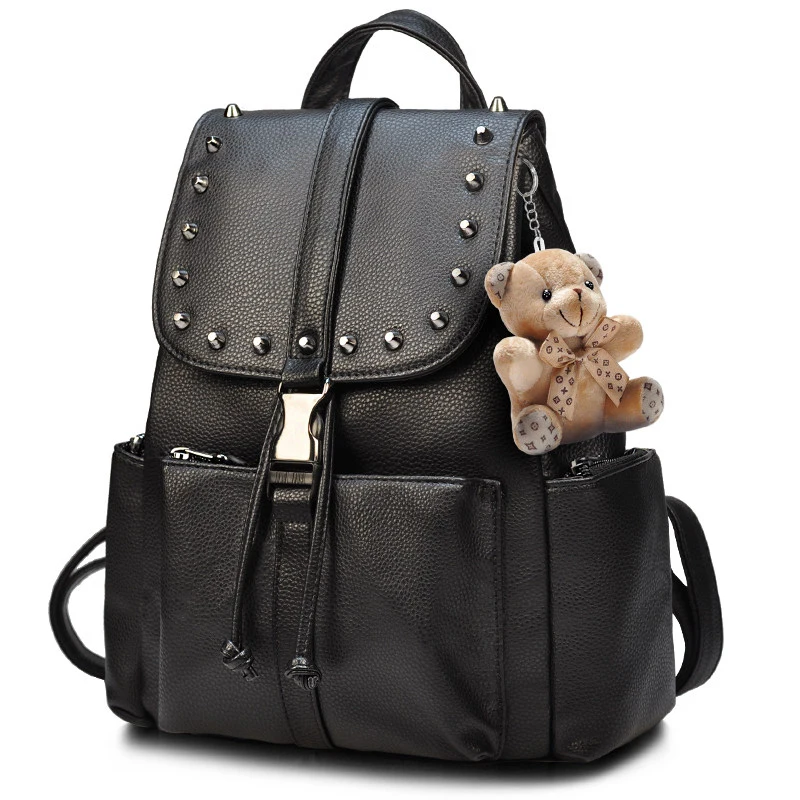 

Black Rivet Backpack Women Fashion Drawstring Back Bag Push Lock Small Daypack Bag PU Leather Ladies Cheap Casual Packsack
