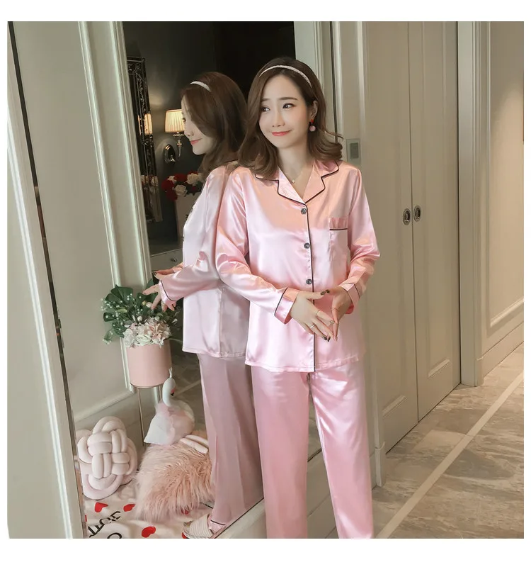 Шелковая пижама с длинным рукавом, Женская Осенняя Шелковая пижама комплекты, атласная пижама, розовая одноцветная Пижама размера плюс 3XL 4XL 5XL, ночная одежда