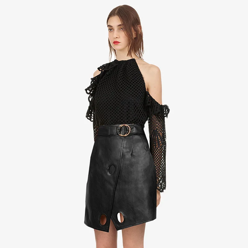 

New Self Portrait Suits Sexy Off Shoulder Knitted Blouse Hollow Out Short PU Belt Pants 2018 Autumn Female Outfits Party Set HOT