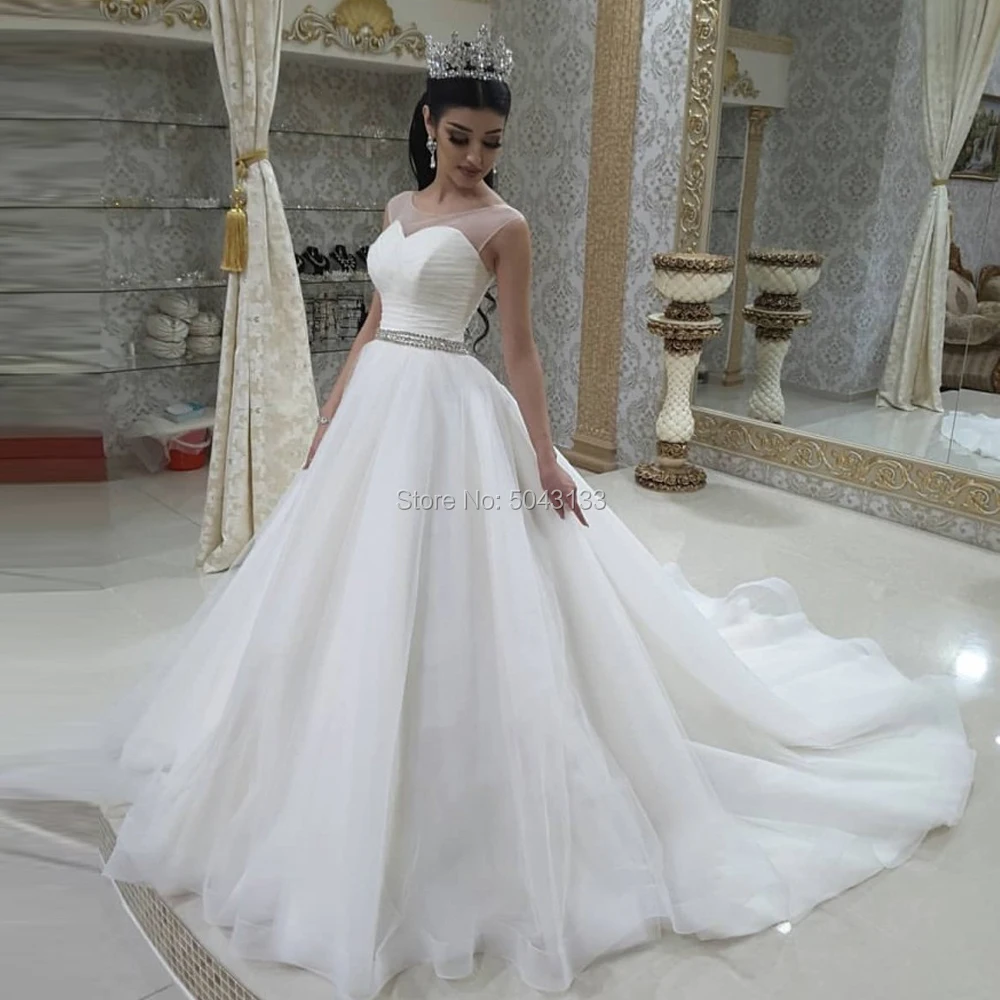 

Illusion Sweetheart A Line Wedding Dresses with Beaded Sash 2019 Corset Back Chapel Train Wedding Bridal Gowns White Tulle