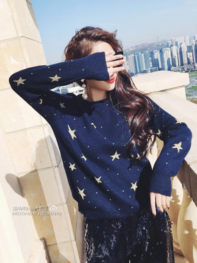 Qooth New Fashion Pullovers Sweater Women Stars