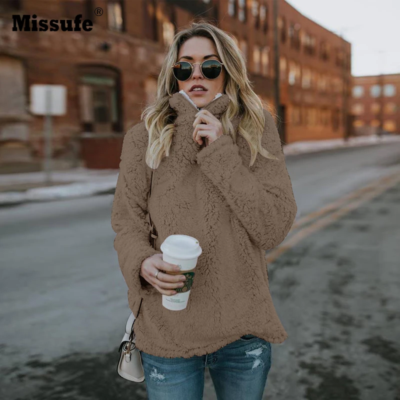 Missufe 2018 الخريف الشتاء موقف طوق البلوز كم طويل دافئ لينة هوديس البلوفرات فضفاض أفخم لينة مقنعين النساء