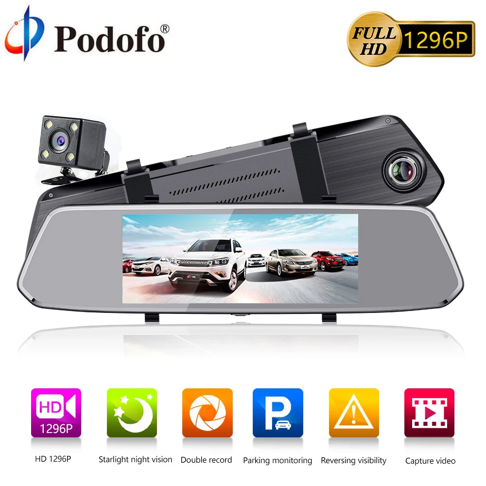 

Podofo Rearview Mirror Car Dvr Stream dash Camera 7" Digital Video Recorder Dual Lens Full HD 1080P Auto Registrator Camcorder