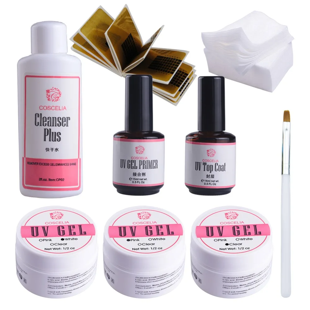 

UV Crystal Gel For Nail Art Pink White Clear 3 Colors+TOP Base coat +Nail brush Charm Nail Tools Set Manicure Kit Nails Builder