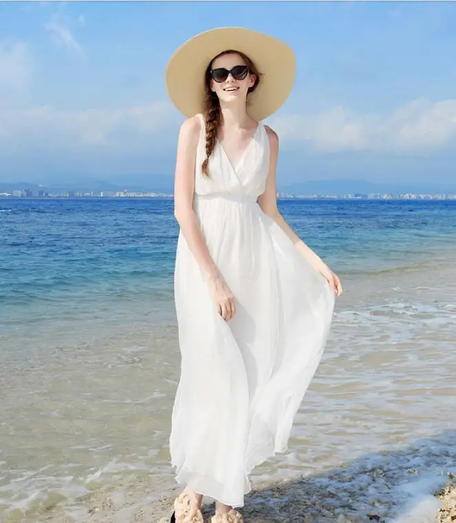 Женское шелковое платье, длинное пляжное платье, натуральный шелк, одноцветное платье, летние платья с v-образным вырезом, без рукавов - Цвет: Белый