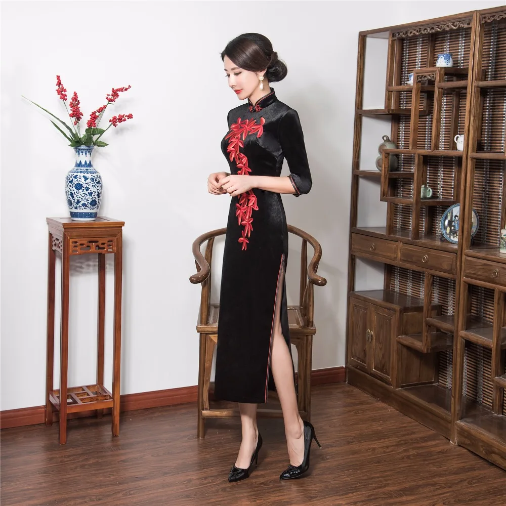 Шанхай история 3/4 длинный рукав вышивка бархат cheongsam традиционное китайское Ципао платье восточное платье для женщин 4 цвета