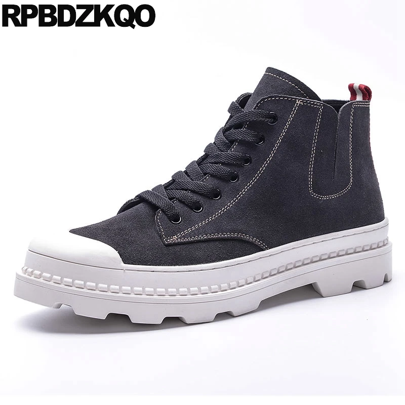

High Top Sole Shoes Men Lace Up Sneakers Round Toe Non Slip Boots Thick Soled Black Flat Ankle Booties 2017 Short Platform Male