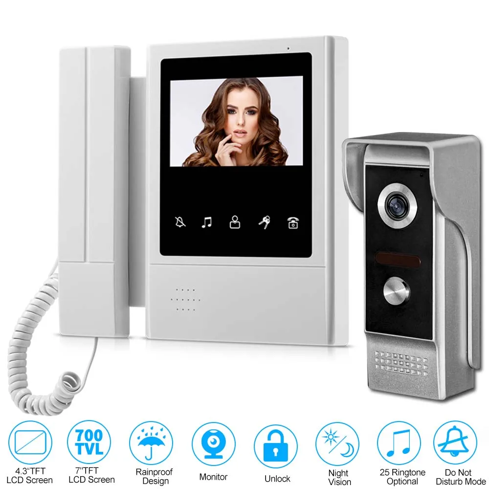 

4.3'' TFT Color Wired Video Intercom Door Phone Doorbell System for home 700TVL IR Night Vision Outdoor Camera Metal Waterproof
