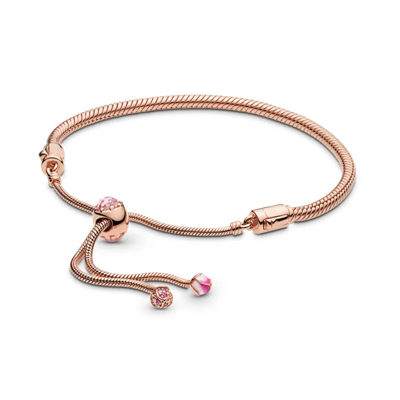 

2019 Spring New 1:1 Bead Charm Sliding Snake Chain Fit Original Rose Peach Blossoms Flowers Pans Bracelet Women DIY Jewelry