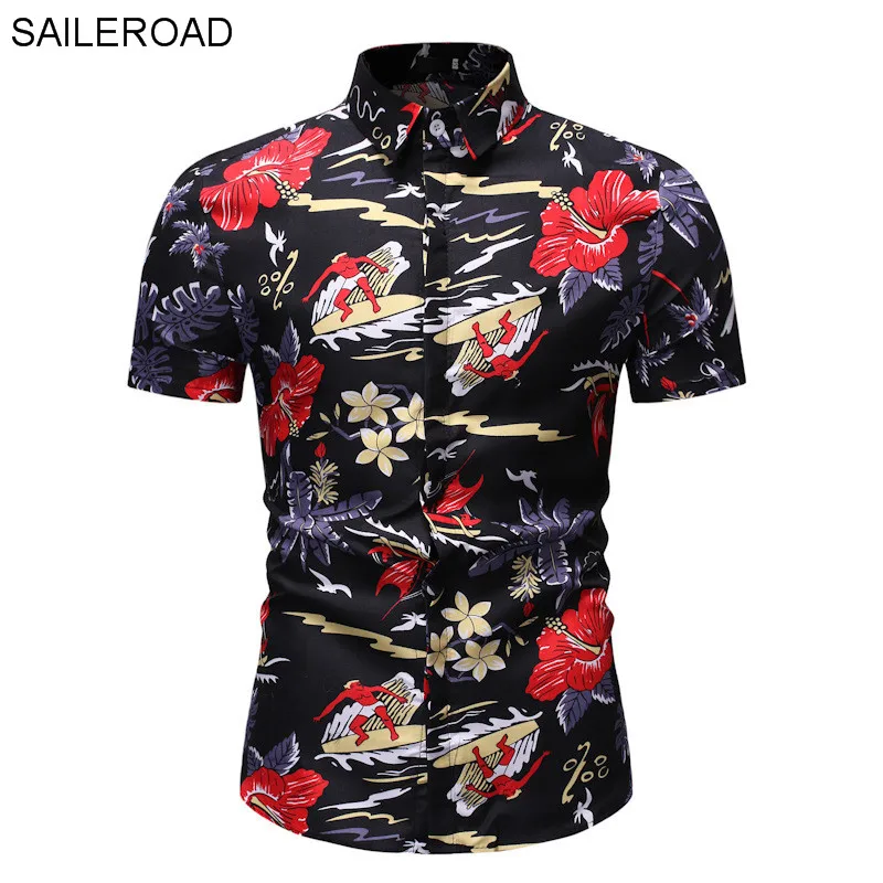 SAILEROAD Camisa Flores Hombre Мужская рубашка рубашки Гавайская Мужская рубашка с цветочным принтом облегающие топы с принтом Camisa Preta - Цвет: HZ04 red