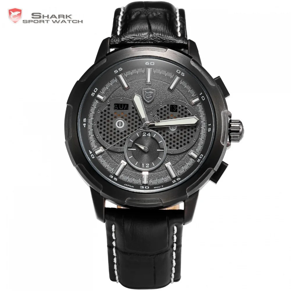 

Horn Shark Sport Watch Auto Date Day Display Black Case Dial Luminous Hands Leather Band Quartz Men Wristwatch Timepiece /SH359