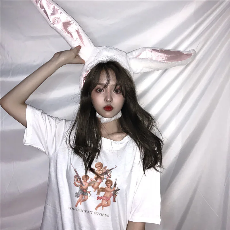 

New Summer Harajuku ulzzang Casual Woman T-Shirt Three Angels O-neck You Cant Sit with Us Cute Cartoon print Female S-2XL tops