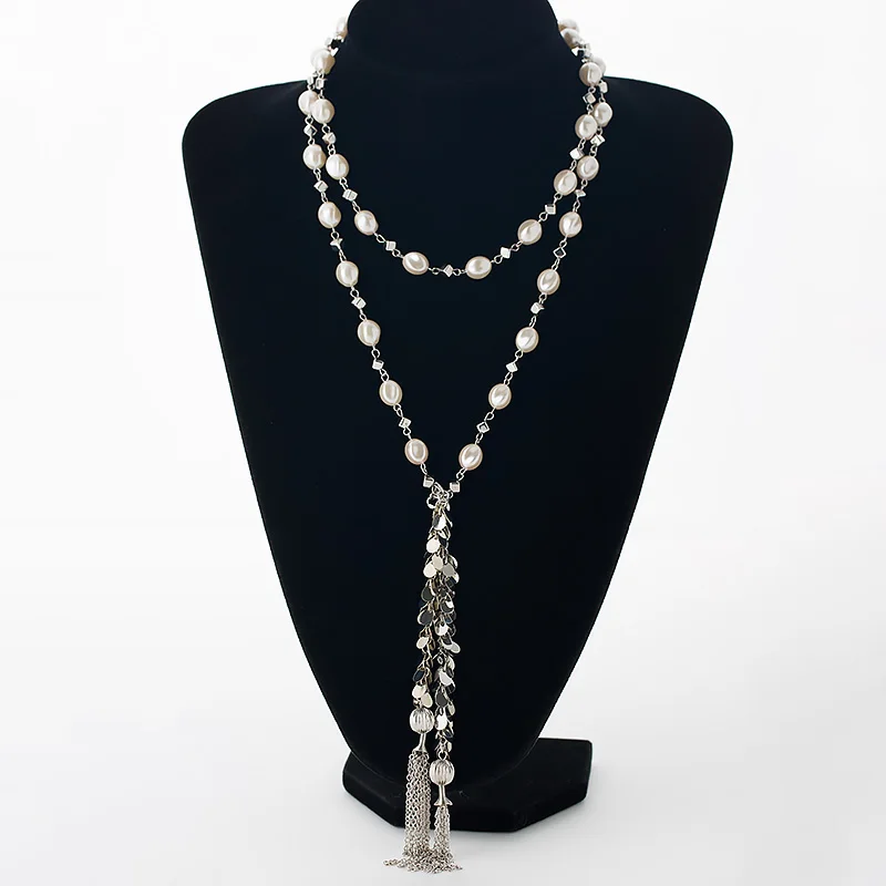 Prix pour Style Long simulé perles femmes colliers argent couleur en alliage de zinc chaîne glands dames collier bijoux MDJB253 Prix pour Style Long simulé perles femmes colliers argent couleur en alliage de zinc chaîne glands dames collier bijoux MDJB253