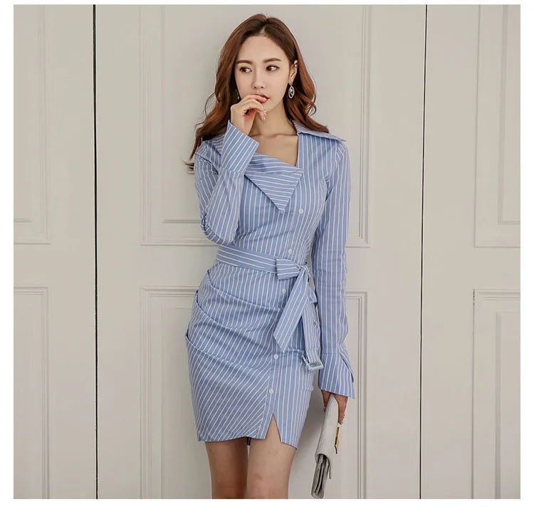 

Spring new Korean OL style long sleeve stripe tie dress with slim and fashionable shirt and hip-wrapped dress