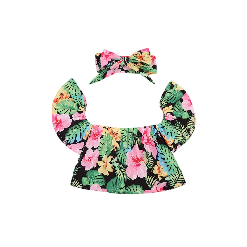 

2017 Newborn Baby Girls Fashion Cute Short Sleeve Square Collar Off Shoulder Pullover Floral Print Shirt Tops Headband 2PCS