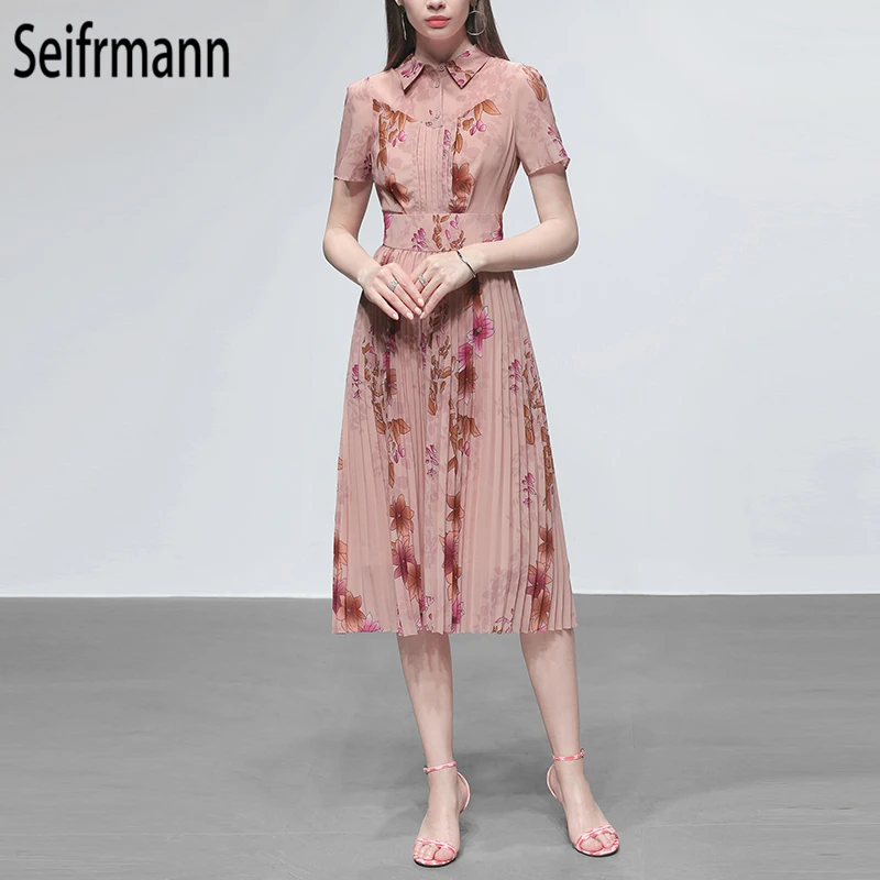 

Seifrmann New 2019 Women Spring Summer Dress Runway Fashion Designer Draped Floral Printed Elegant Vintage Pleated Dresses