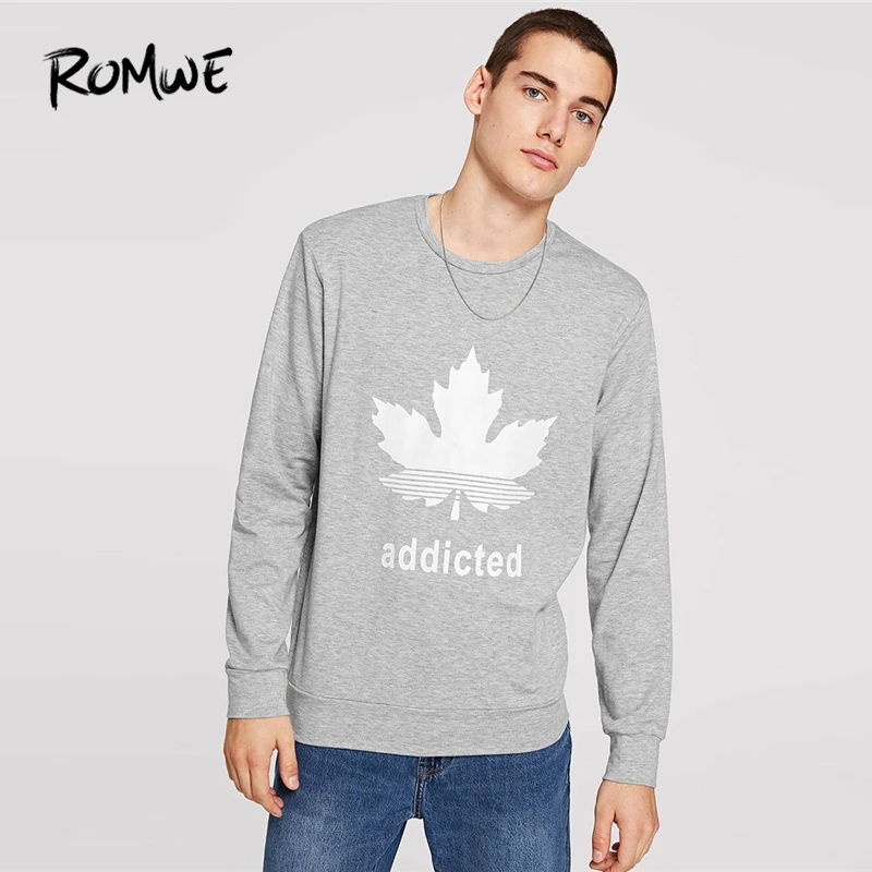 

ROMWE Men Grey Letter Mixed Print Pullover Sweatshirts Autumn Casual Clothes Clothing Fashion Long Sleeve Mens Sweatshirt