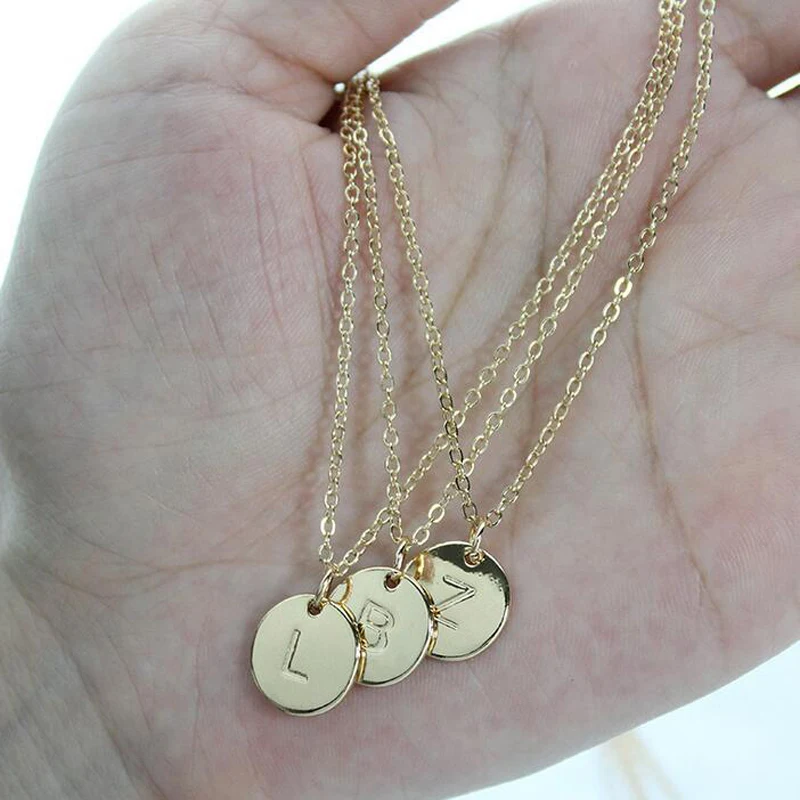 

26 Letters Initial Necklace Silver Gold Rose Color Disc Necklace Alphabet Women Kolye Collier Friends Family Letter necklace2019
