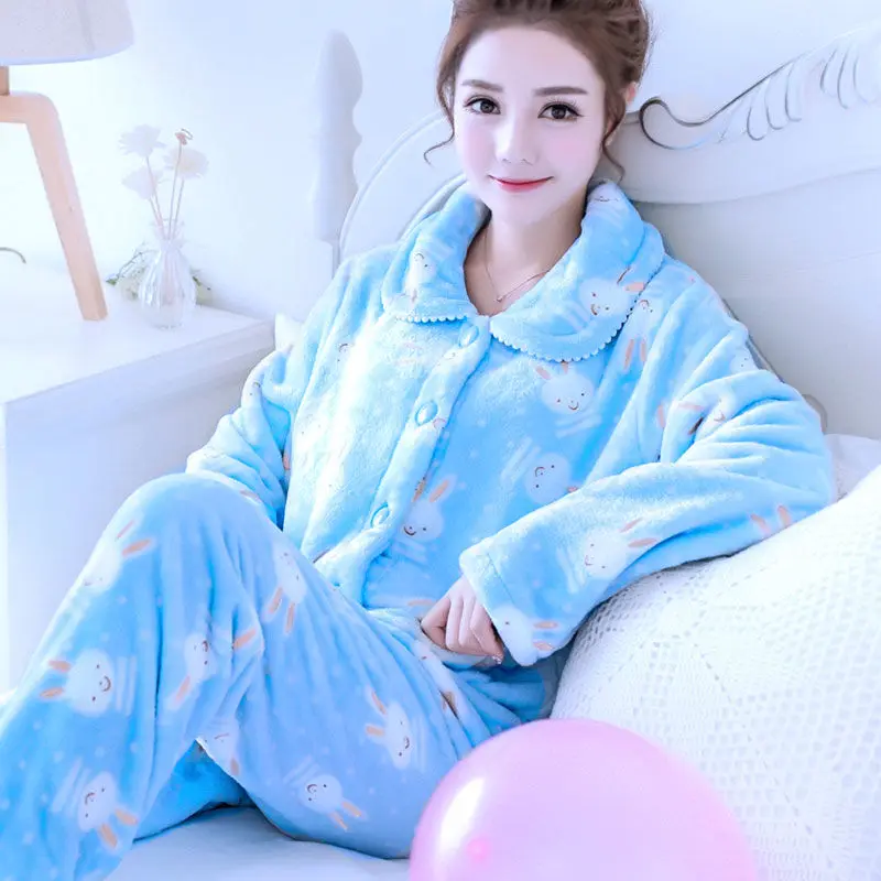 

Cartoon Bunny Print Embroidery Flannel Femme Pajamas Set Warm Sexy V-Neck Pyjama 2019 Top Fashion Winter/Spring Clothes