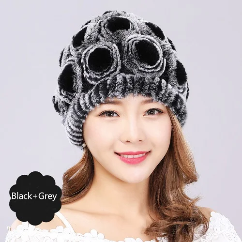 Black with Grey Женский Настоящий мех кролика Skullies Beanies cap женские зимние теплые наушники шапки пушистые мягкие ручной работы эластичные - Цвет: Black with Grey