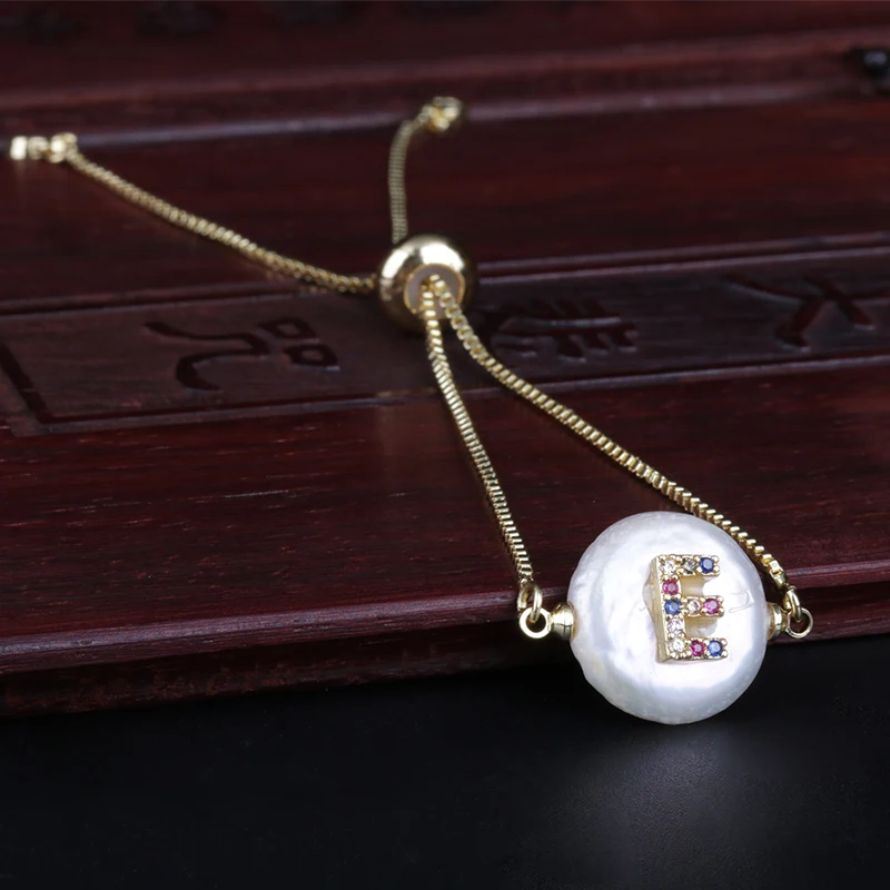 New Arrival Color Gold Micro Pave Rainbow CZ Cubic Zirconia 26 Initials Letter Charm Freshwater Pearl Gold Bracelets For Women