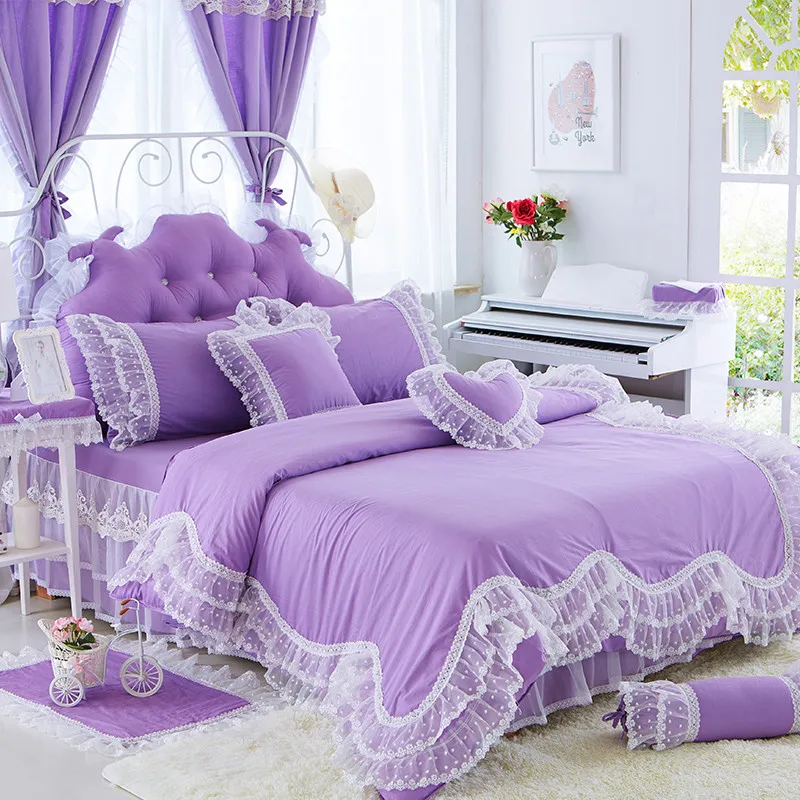Girls Cotton Lace Purple Pink Bedding set Korea Princess Full Queen