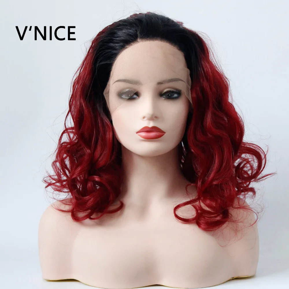 V'NICE Ombre цвет красного вина натуральных волос бесклеевого синтетический Синтетические волосы на кружеве парик плечо Длина жаропрочных