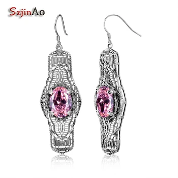 

Szjinao Bowknot Sterling-Silver-Jewelry Female Earrings Pink CZ Stone Crystal Fashion Long Large Earrings for Women From India