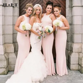 

Cheap Pink Bridesmaids Dresses Long Mermaid Round Neck Sleeveless Long Satin Bridesmaids Dress Custom Made Plus Size